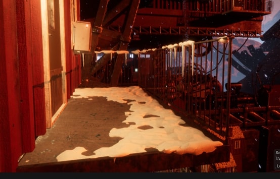 A snow covered steel balcony with some snow removed around the door